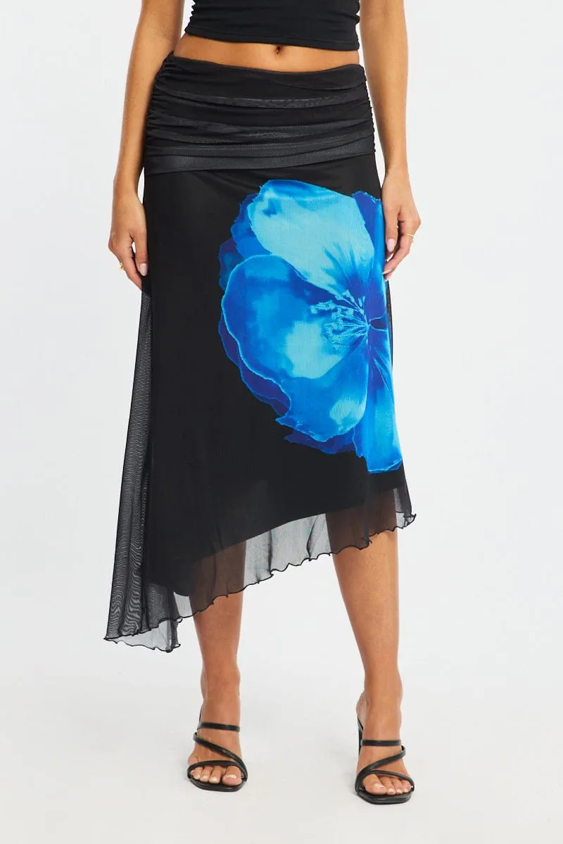 Blue Floral Scarf Hem Midi Skirt Elastic Waist Placement Print sold by Ally Fashion product image thumbnail 2