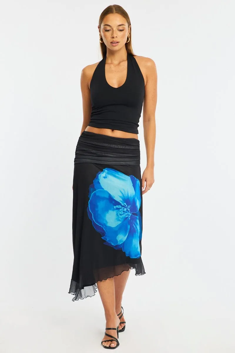 Blue Floral Scarf Hem Midi Skirt Elastic Waist Placement Print sold by Ally Fashion product image thumbnail 3