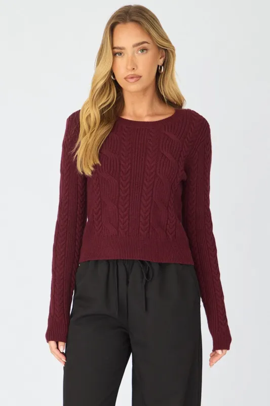 Red Cable Knit Top Long Sleeve Crew Neck made by Ally Fashion