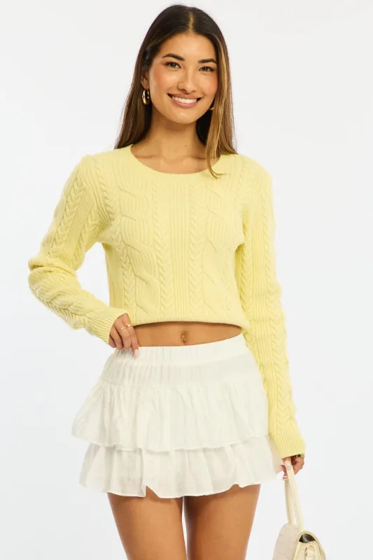 Yellow Cable Knit Top Long Sleeve Crew Neck made by Ally Fashion