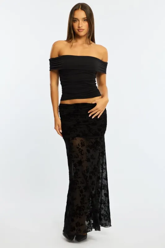 Black Maxi Skirt High Waisted Fit & Flare Burnout made by Ally Fashion