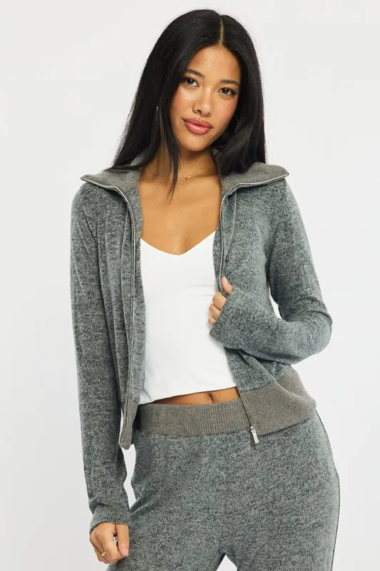 Grey Zip Through Cardigan Soft Touch made by Ally Fashion