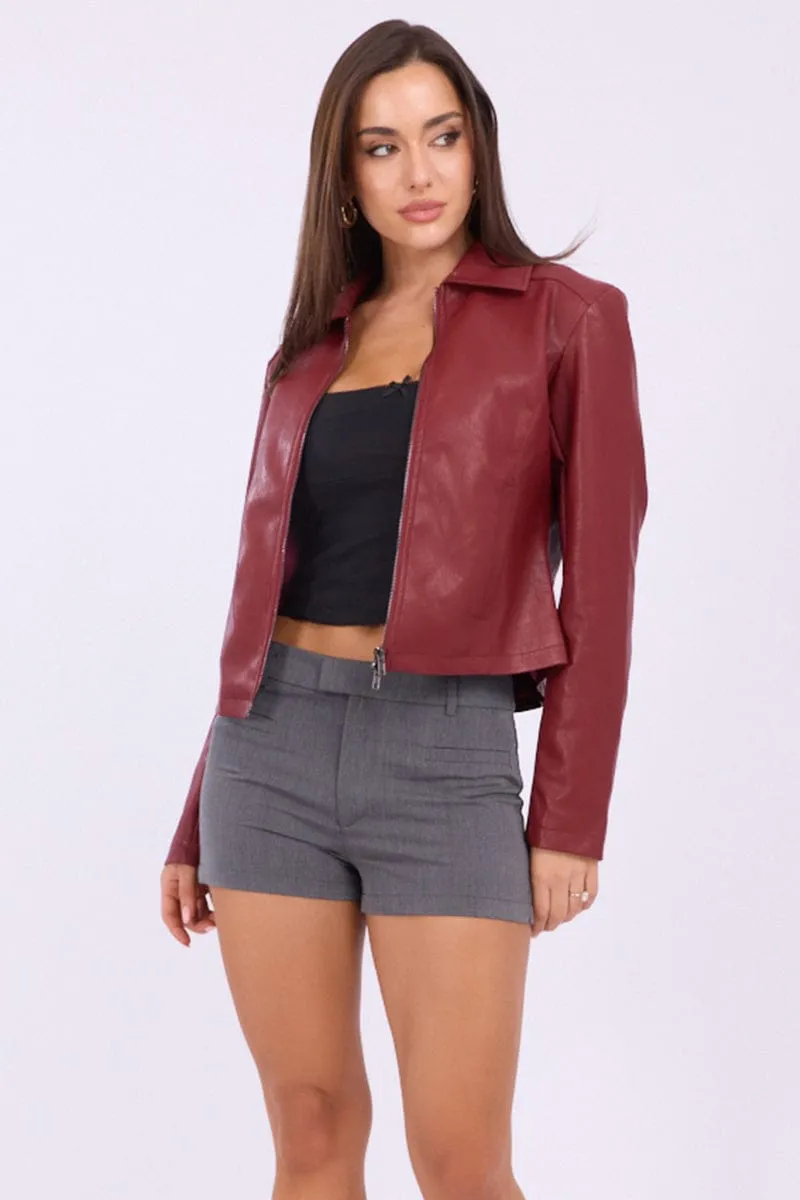 Red Faux Leather Jacket Long Sleeve sold by Ally Fashion product image thumbnail 4