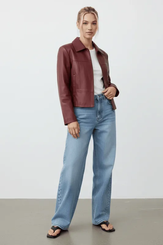 Red Faux Leather Jacket Long Sleeve made by Ally Fashion