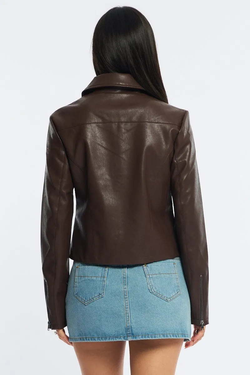 Brown Faux Leather Jacket Long Sleeve sold by Ally Fashion product image thumbnail 5