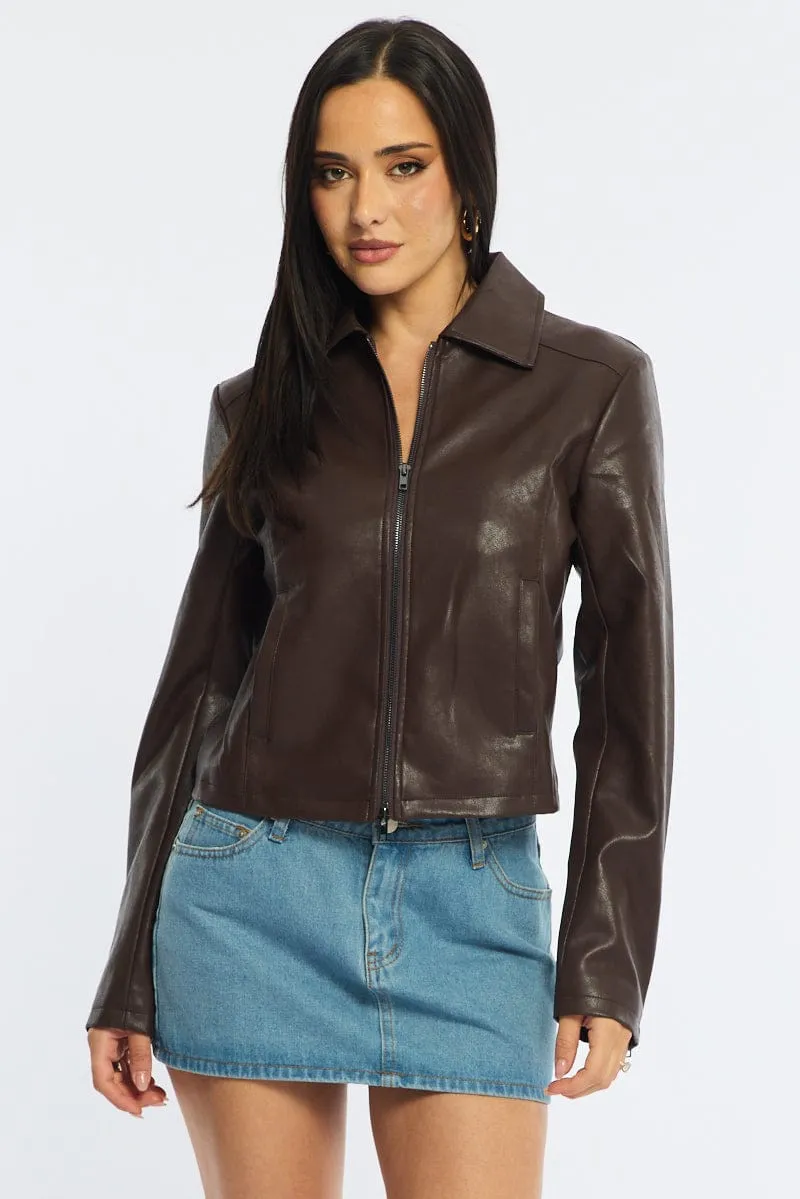 Brown Faux Leather Jacket Long Sleeve sold by Ally Fashion