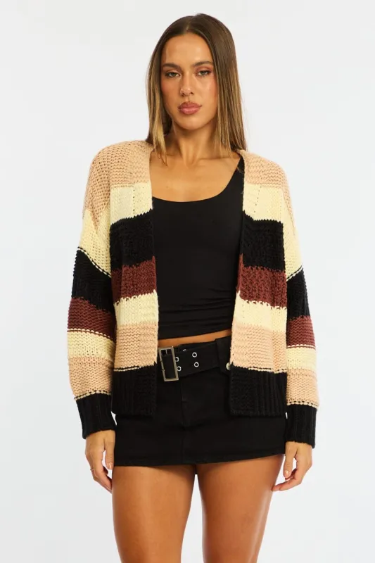 Beige Stripe Oversized Knit Cardigan Long Sleeve made by Ally Fashion