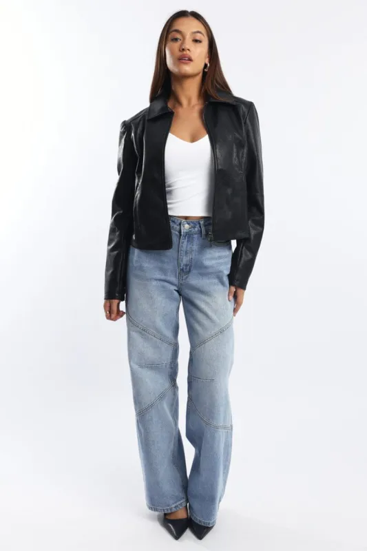 Black Faux Leather Jacket Long Sleeve made by Ally Fashion