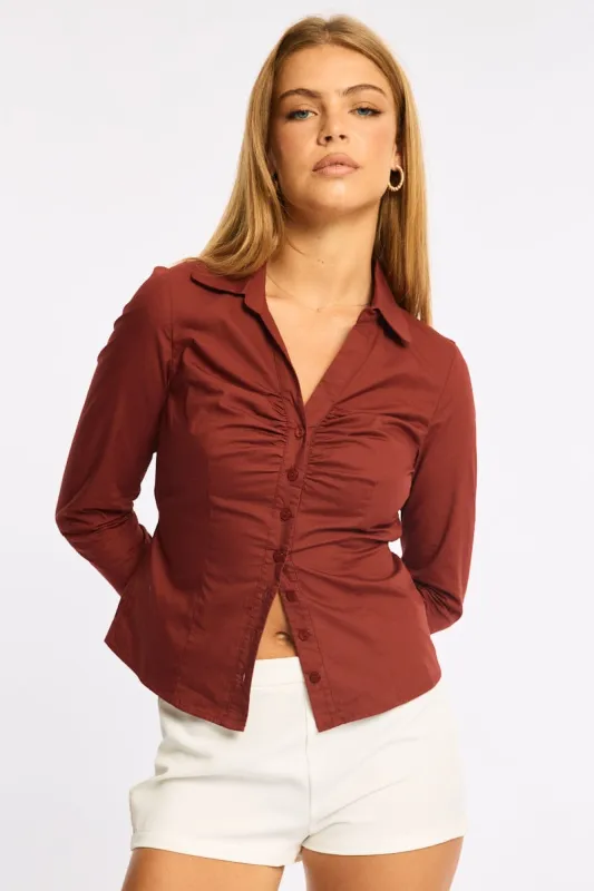 Red Skinny Fit Long Sleeve Collared Shirt made by Ally Fashion