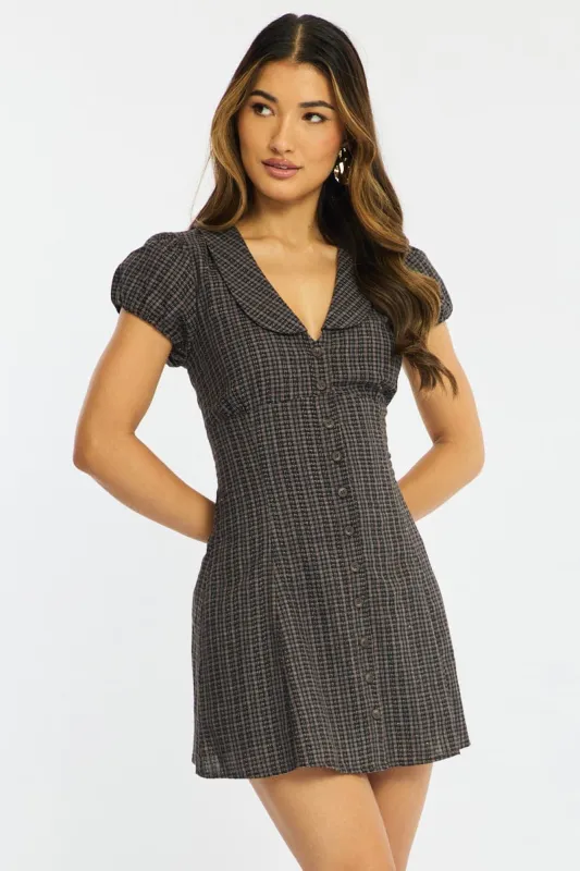 Brown Check Shirts Dress Collared Mini made by Ally Fashion
