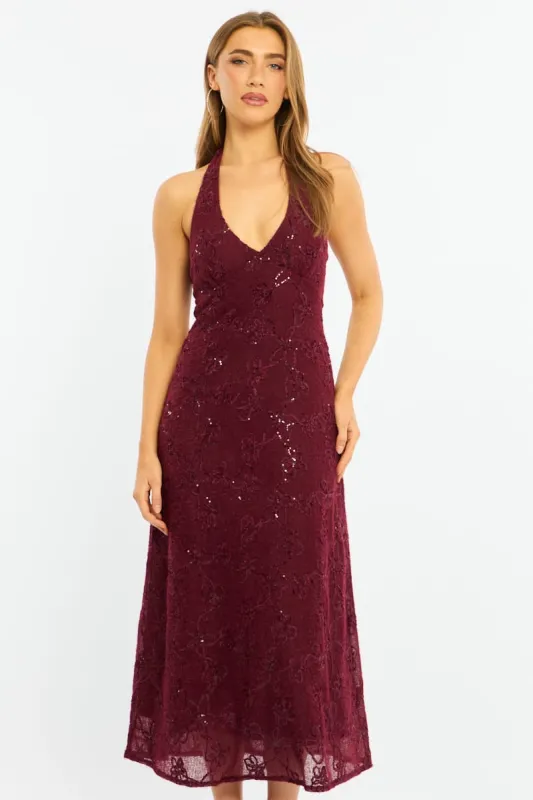 Red Midi Dress Halter Neck made by Ally Fashion