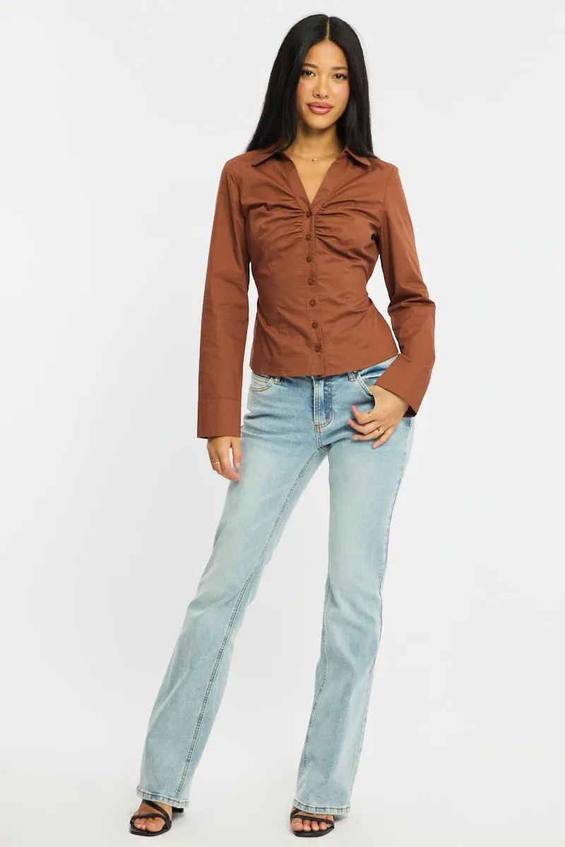 Brown Skinny Fit Long Sleeve Collared Shirt sold by Ally Fashion