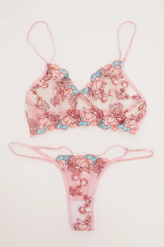 Pink Appliques Mesh Underwire Lingerie Set made by Ally Fashion