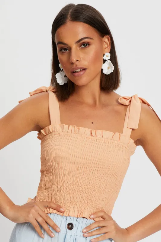Orange Satin Tie Shoulder Shirred Top made by Ally Fashion