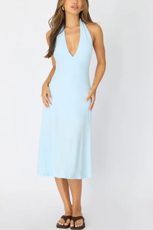 Blue Midi Dress Deep V-neck made by Ally Fashion
