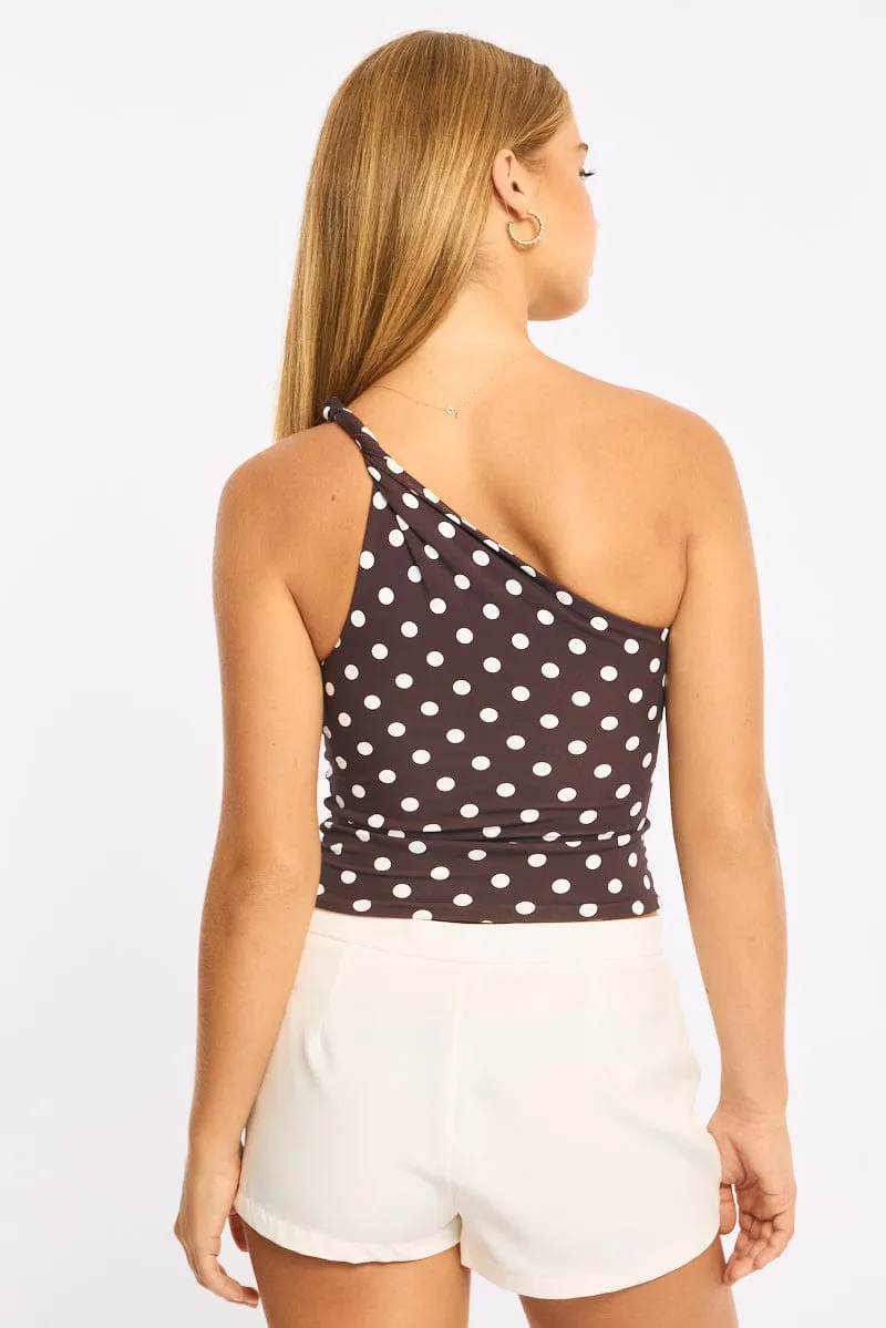 Brown Polka Dot One Shoulder Top sold by Ally Fashion product image thumbnail 4