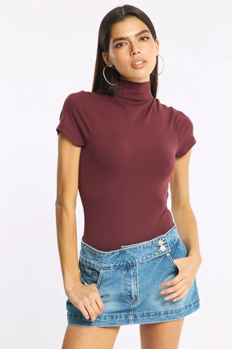 Red Short Sleeve High Neck Bodysuit sold by Ally Fashion