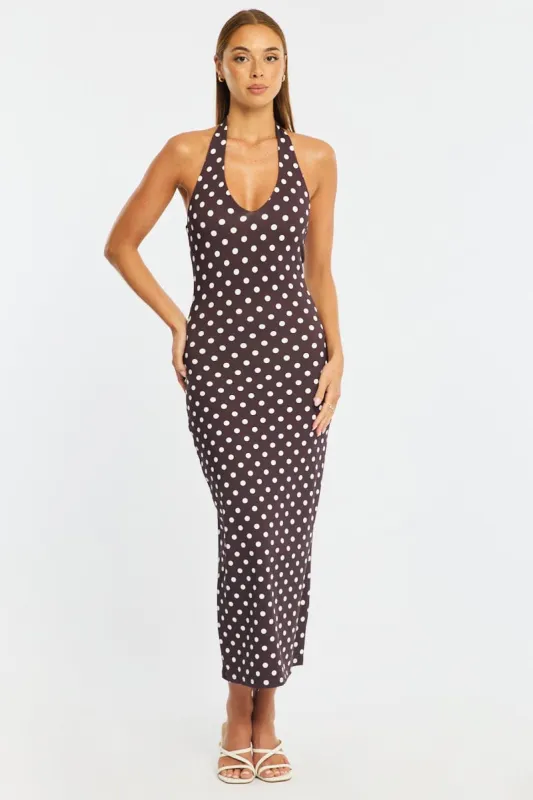 Brown Polka Dot Bodycon Dress Halter Neck made by Ally Fashion