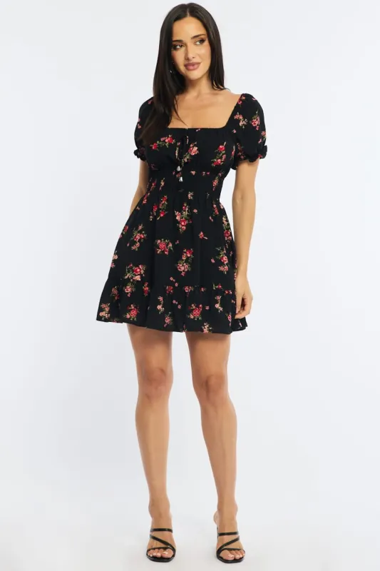 Black Floral Fit And Flare Dress Puff Sleeve made by Ally Fashion