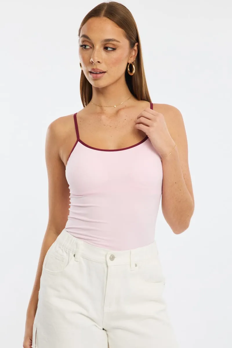 Pink Singlet Top Contrast Binding Seamless sold by Ally Fashion