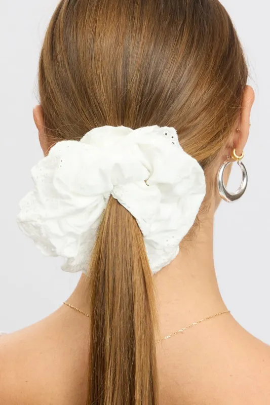 White Scrunchie Hair Tie with Broderie Detail made by Ally Fashion