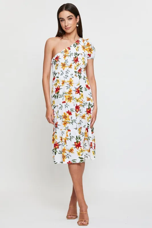 Multi Floral Print Midi Dress One Shoulder Short Sleeve made by Ally Fashion