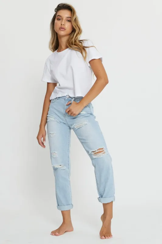 LIGHT BLUE Mid Rise Boyfriend Jeans made by Ally Fashion