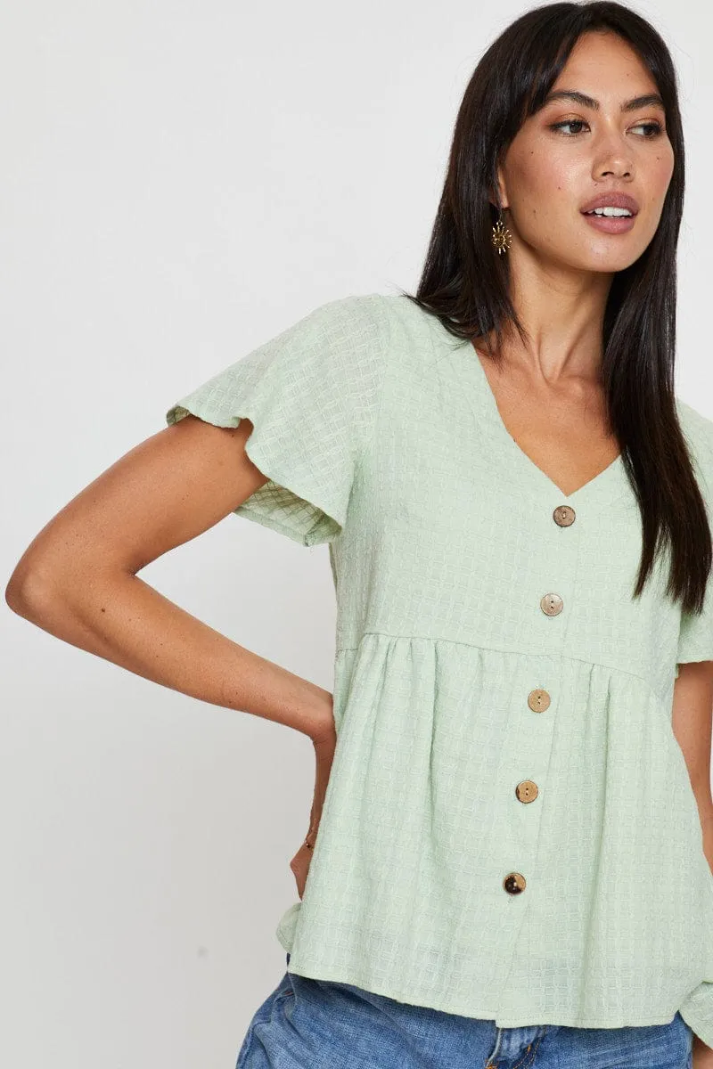 Green Peplum Top Short Sleeve V-Neck Button Front sold by Ally Fashion product image thumbnail 3