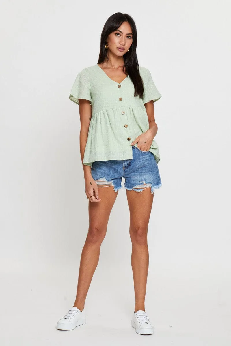 Green Peplum Top Short Sleeve V-Neck Button Front sold by Ally Fashion product image thumbnail 2