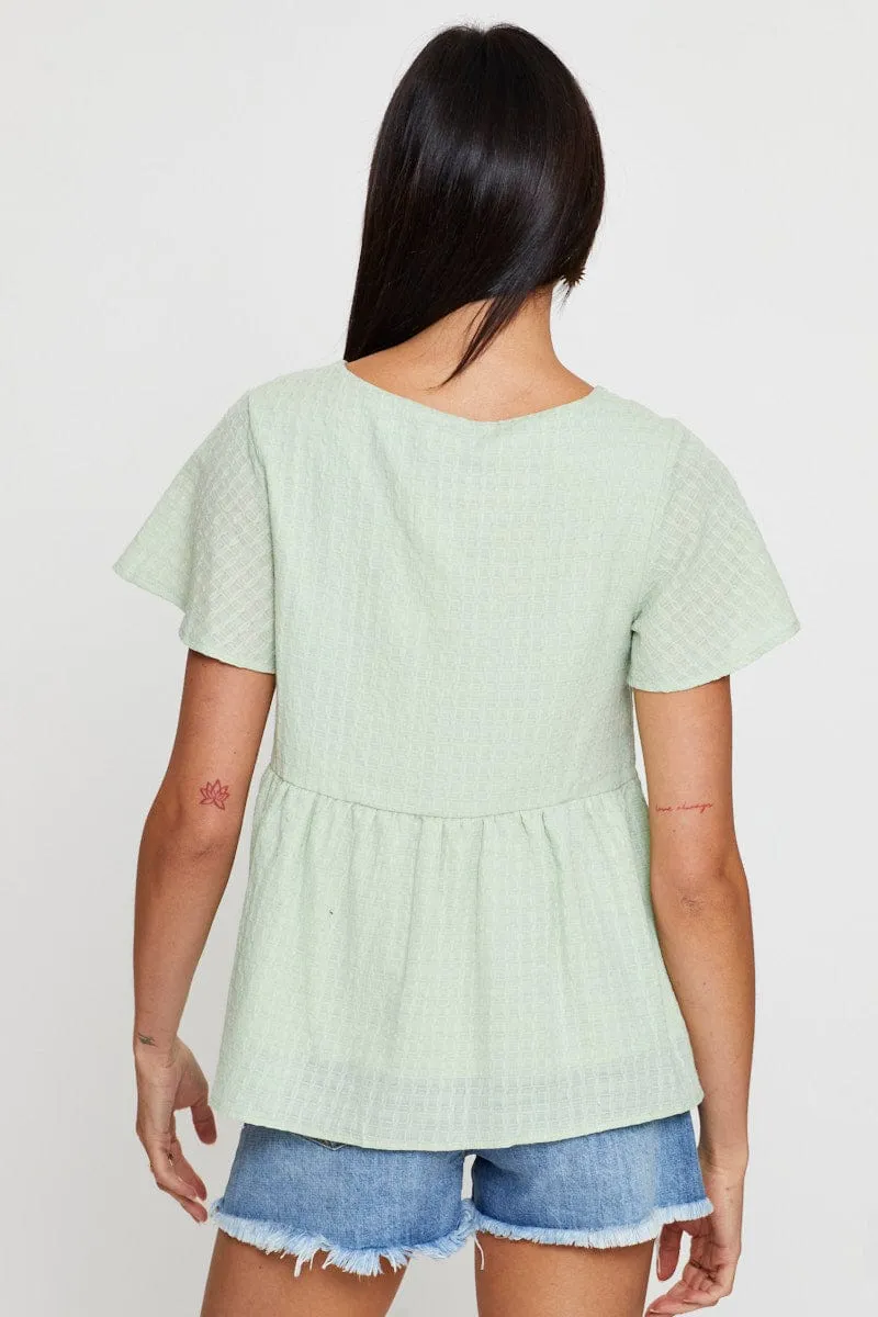 Green Peplum Top Short Sleeve V-Neck Button Front sold by Ally Fashion product image thumbnail 5