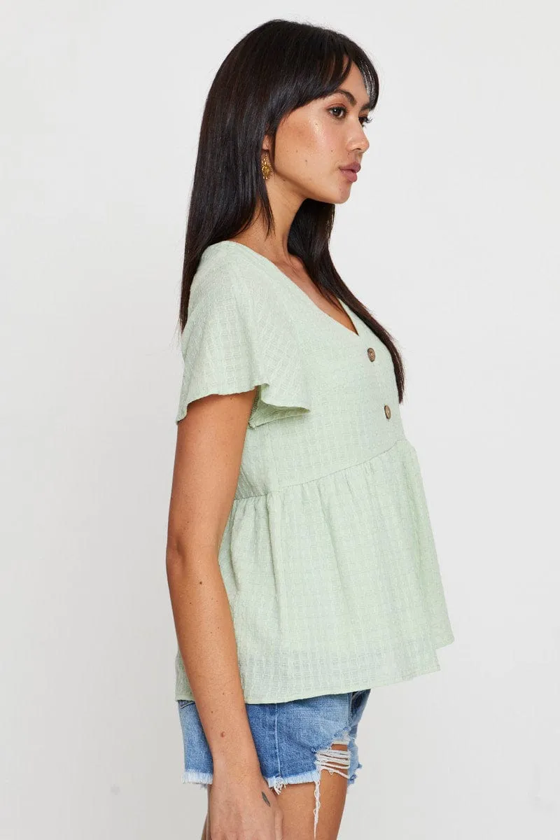 Green Peplum Top Short Sleeve V-Neck Button Front sold by Ally Fashion product image thumbnail 4