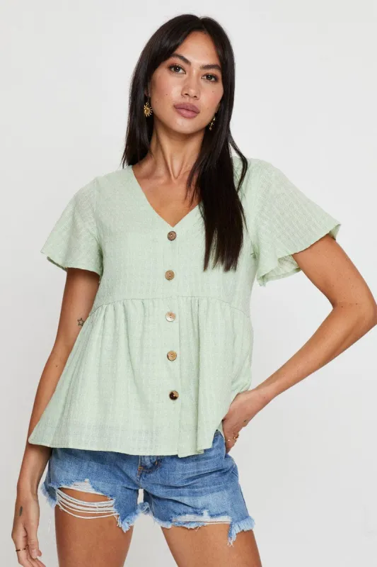 Green Peplum Top Short Sleeve V-Neck Button Front made by Ally Fashion