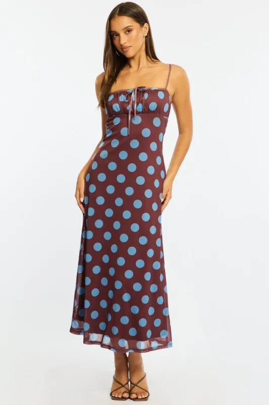 Brown Polka Dot Midi Dress Strappy made by Ally Fashion