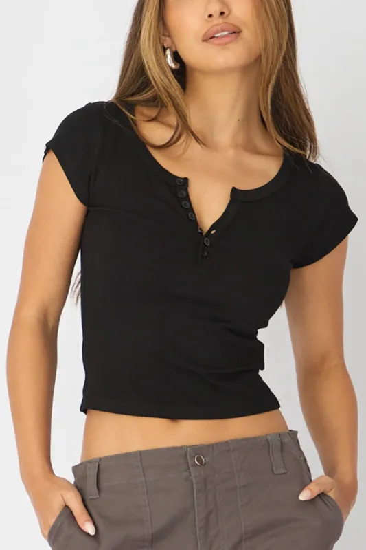 Black V-Neck Short Sleeve Top made by Ally Fashion