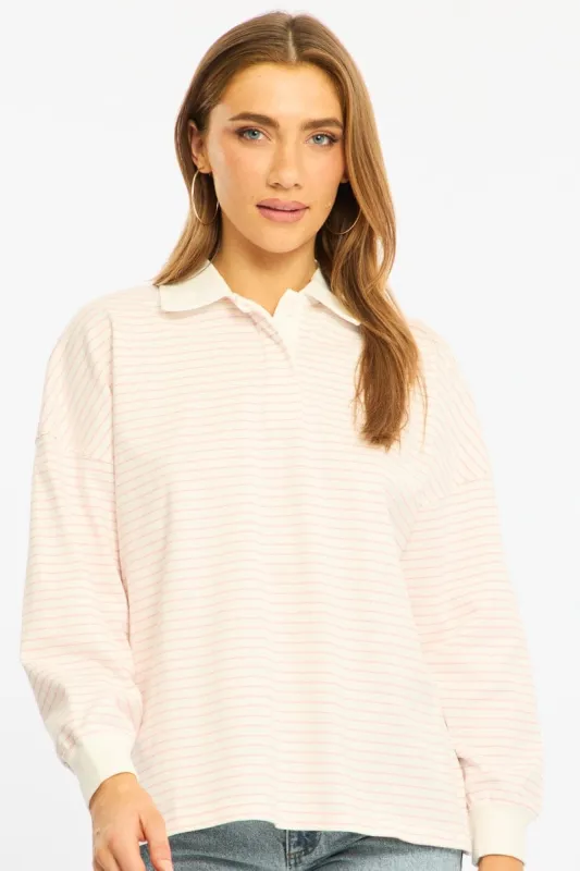 Pink Stripe Collared Top Long Sleeve made by Ally Fashion