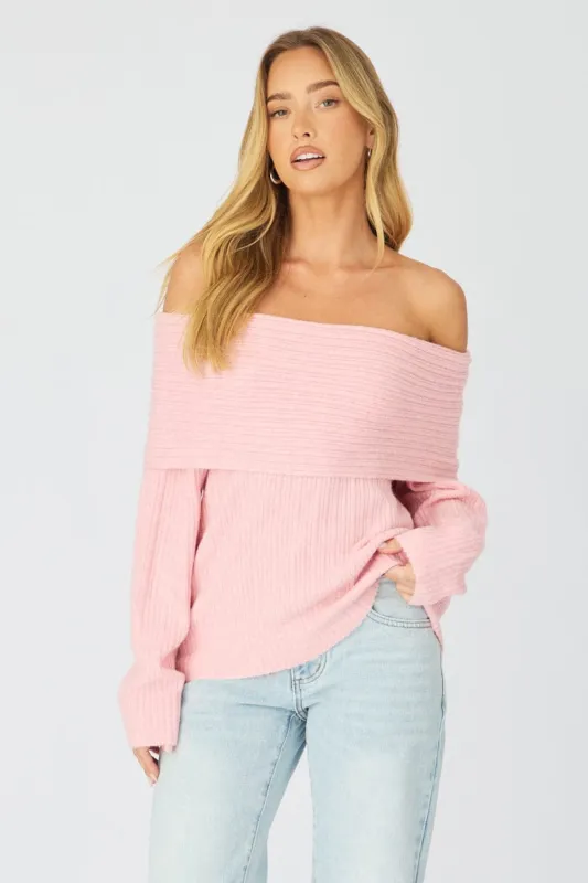 Pink Fold Down Bardot Knit Top Long Sleeve made by Ally Fashion