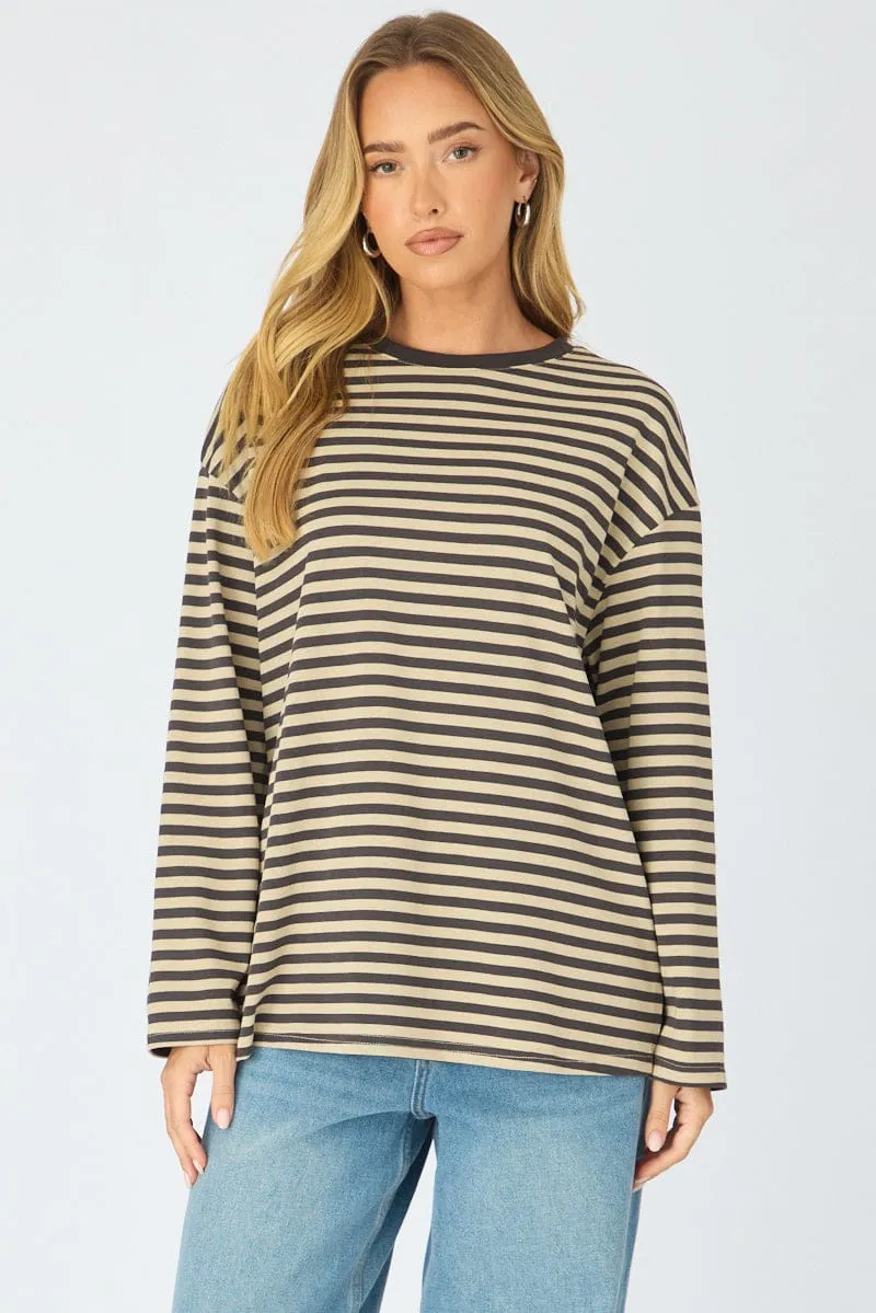 Brown Stripe Striped Top Long Sleeve Crew Neck sold by Ally Fashion product image thumbnail 2