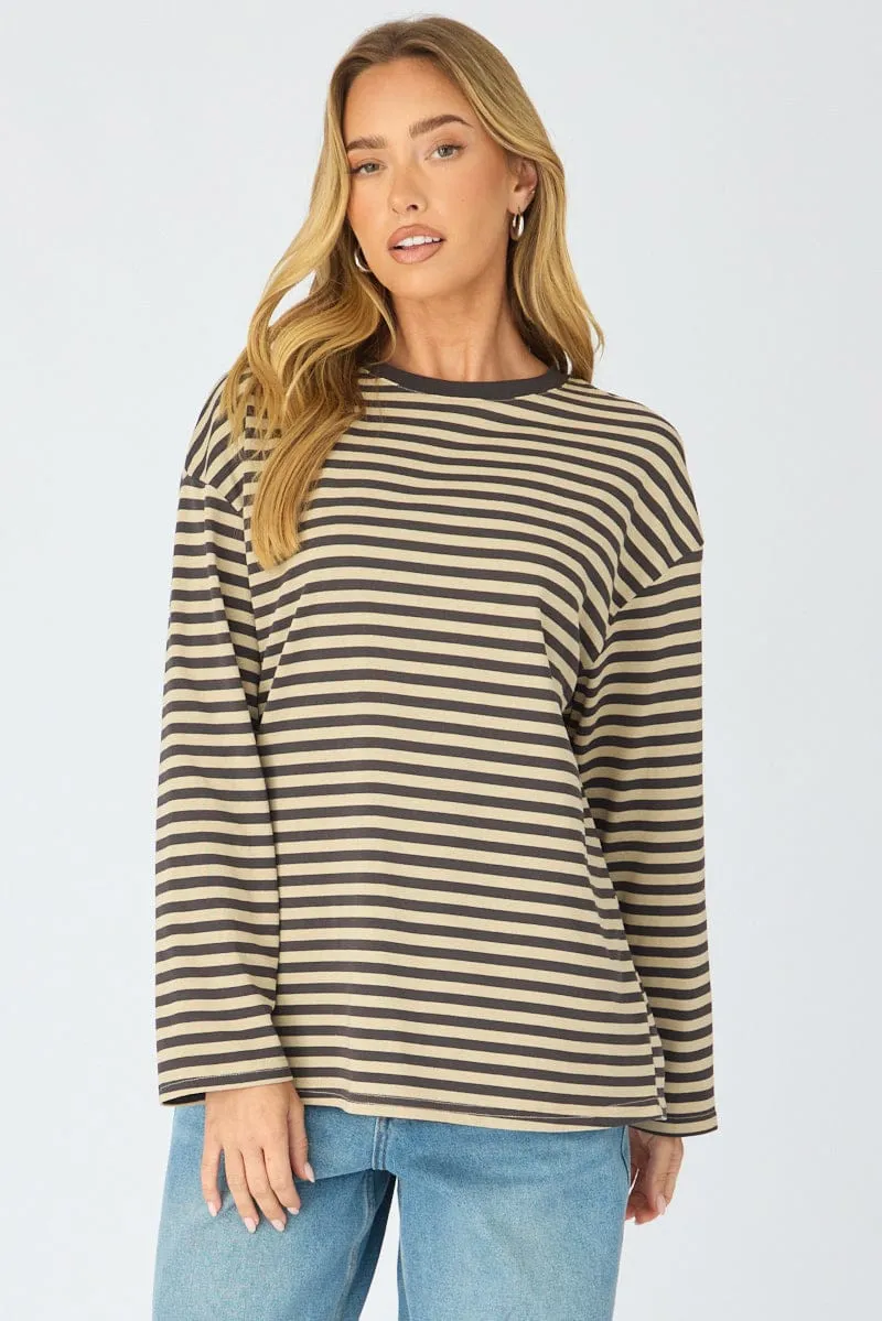 Brown Stripe Striped Top Long Sleeve Crew Neck sold by Ally Fashion product image thumbnail 3