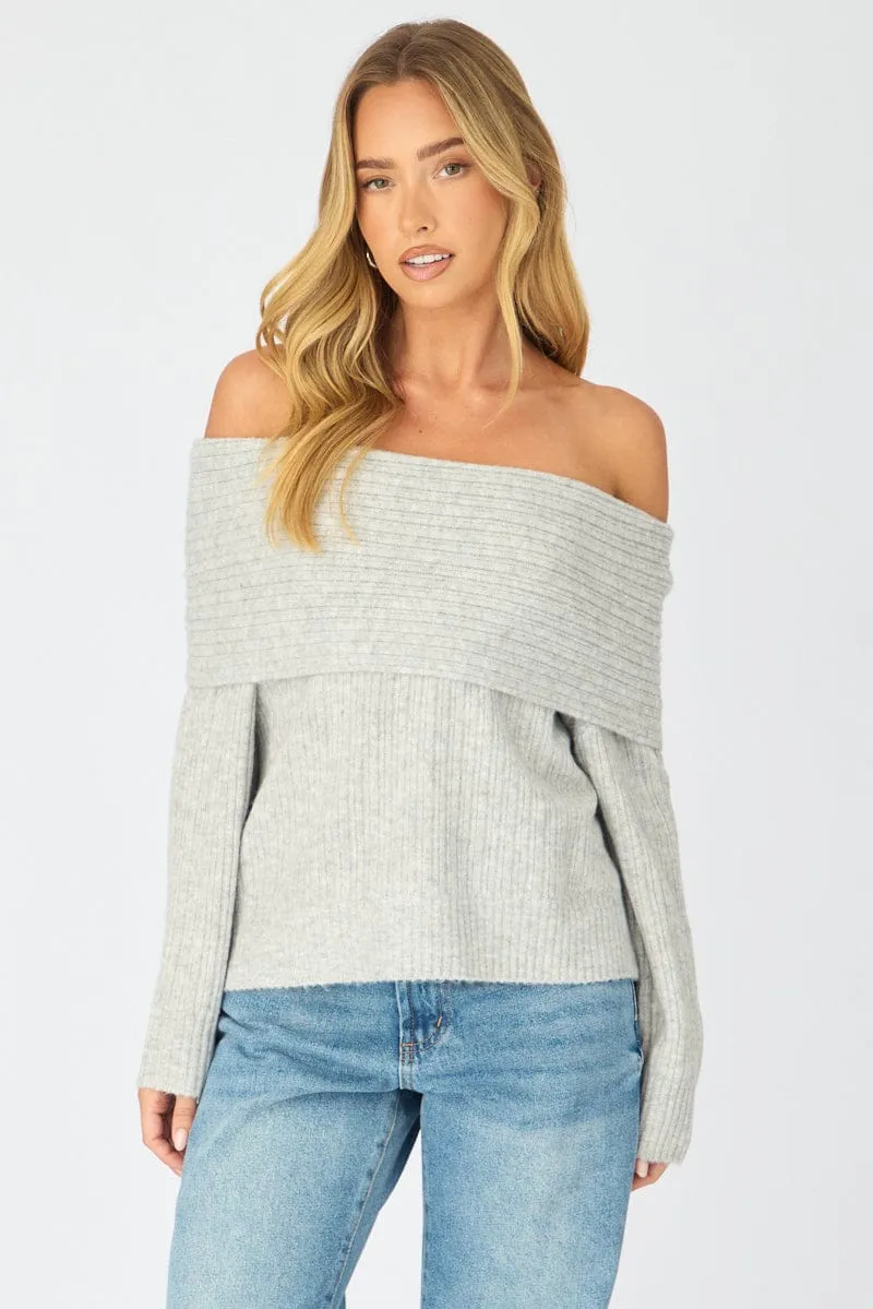 Grey Fold Down Bardot Knit Top Long Sleeve sold by Ally Fashion product image thumbnail 3