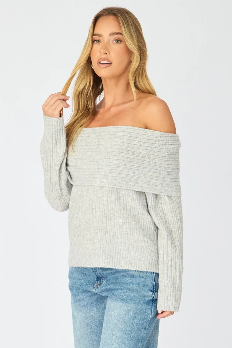 Grey Fold Down Bardot Knit Top Long Sleeve sold by Ally Fashion product image thumbnail 4