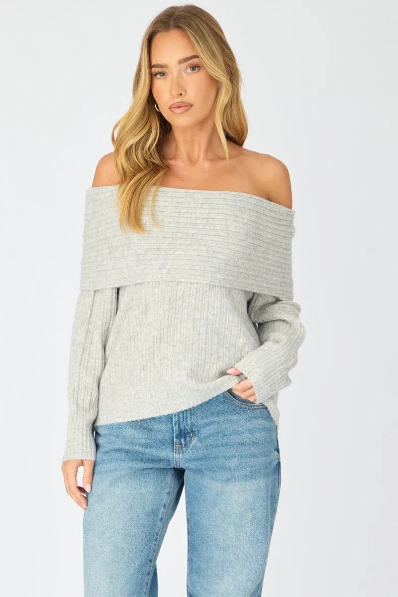 Grey Fold Down Bardot Knit Top Long Sleeve sold by Ally Fashion