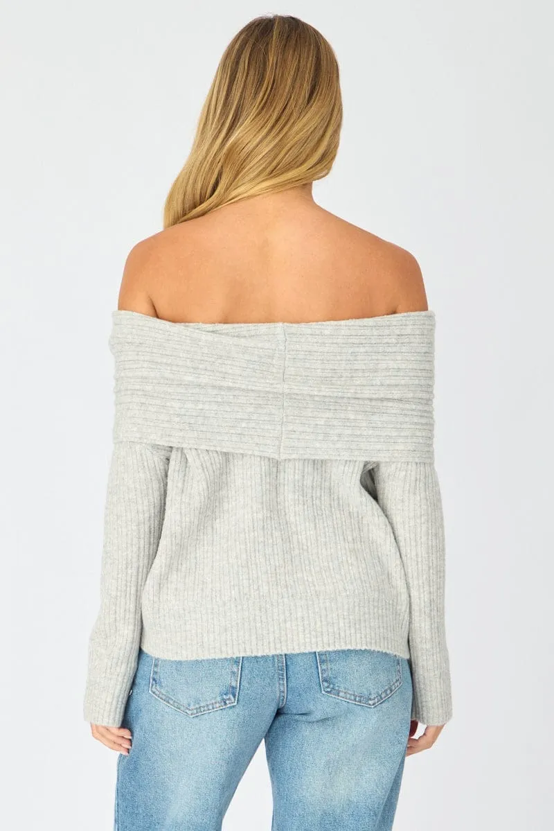 Grey Fold Down Bardot Knit Top Long Sleeve sold by Ally Fashion product image thumbnail 5