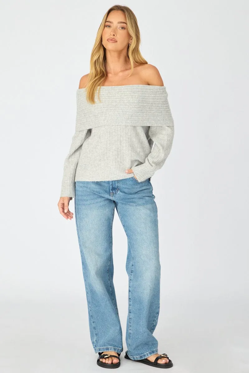 Grey Fold Down Bardot Knit Top Long Sleeve sold by Ally Fashion product image thumbnail 2