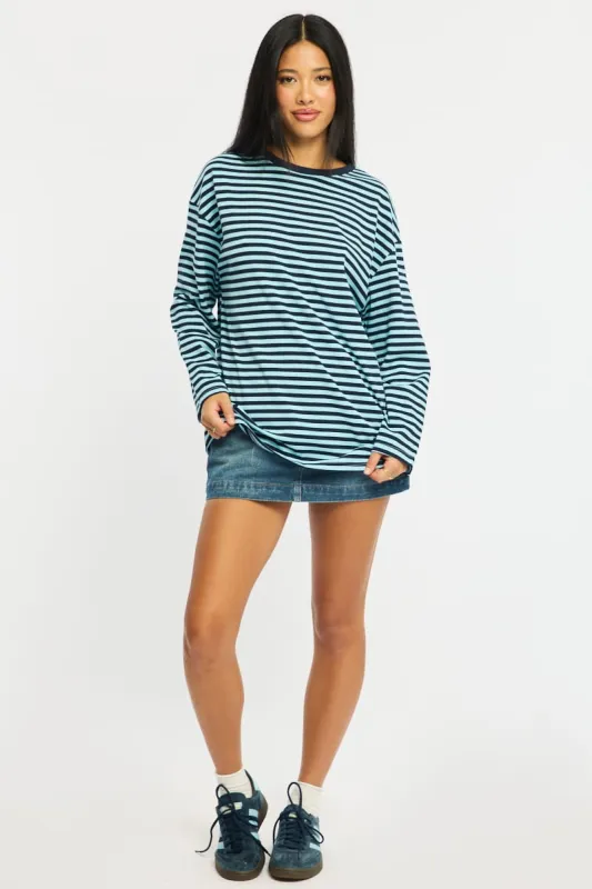 Blue Stripe Striped Top Crew Neck Long Sleeve made by Ally Fashion
