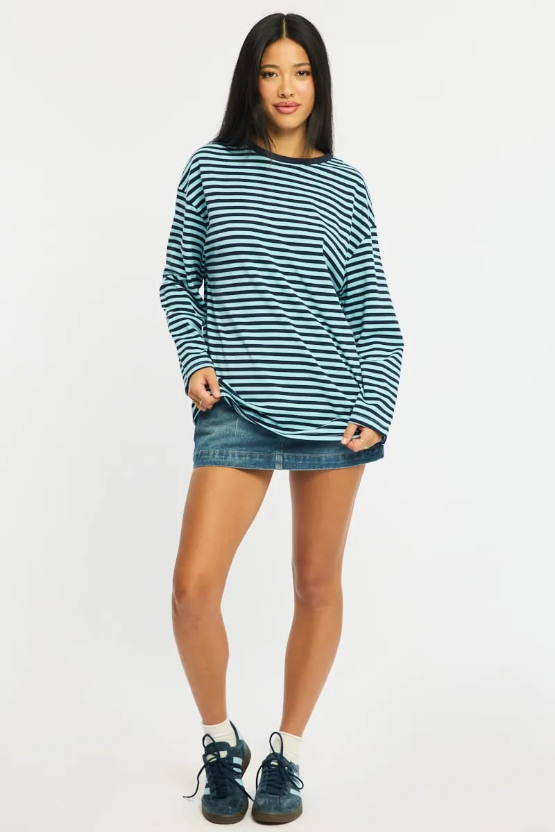 Blue Stripe Striped Top Crew Neck Long Sleeve sold by Ally Fashion