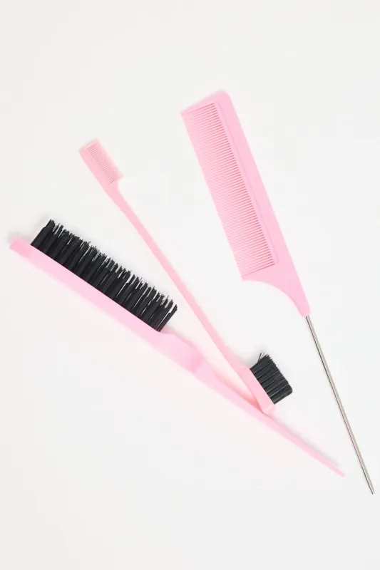Pink Bristle Brush Edge Brush And Rat Tail Comb Set made by Ally Fashion