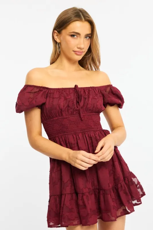Red Fit And Flare Dress Puff Sleeve made by Ally Fashion