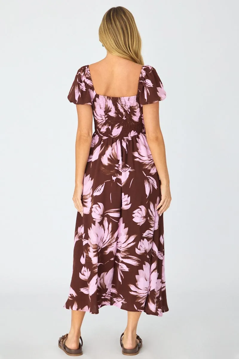 Purple Floral Midi Dress Puff Sleeve sold by Ally Fashion product image thumbnail 5