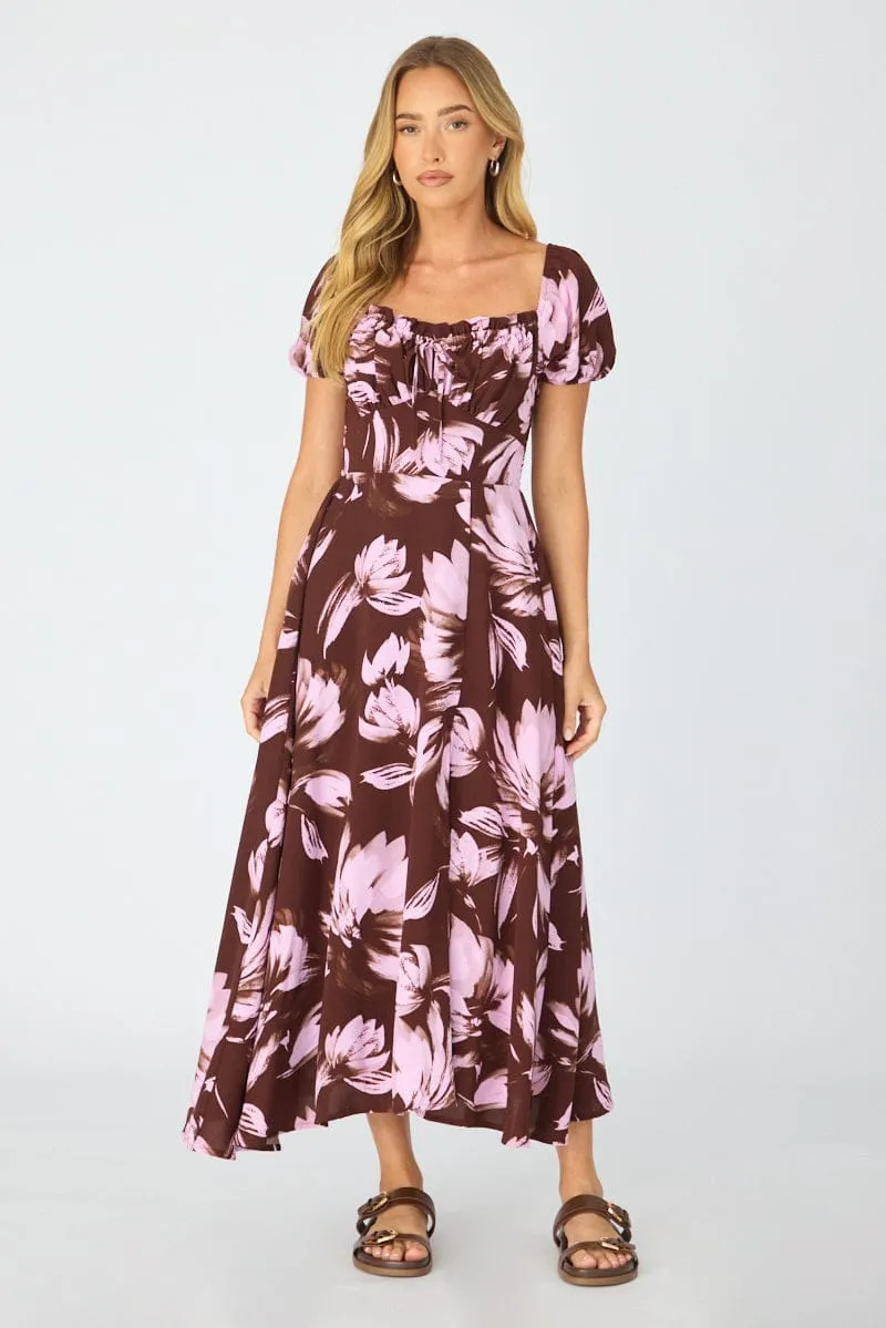Purple Floral Midi Dress Puff Sleeve sold by Ally Fashion product image thumbnail 2