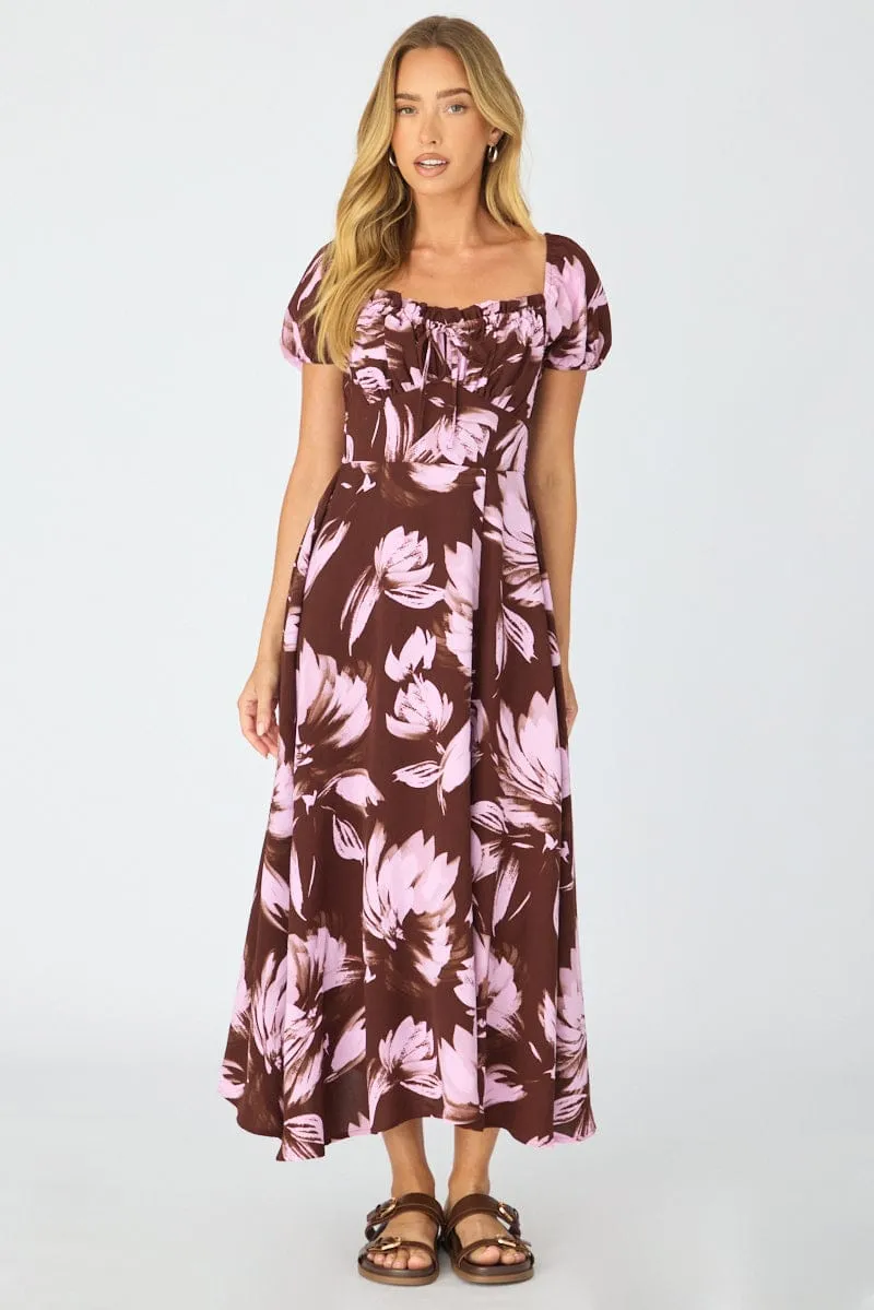 Purple Floral Midi Dress Puff Sleeve sold by Ally Fashion product image thumbnail 3